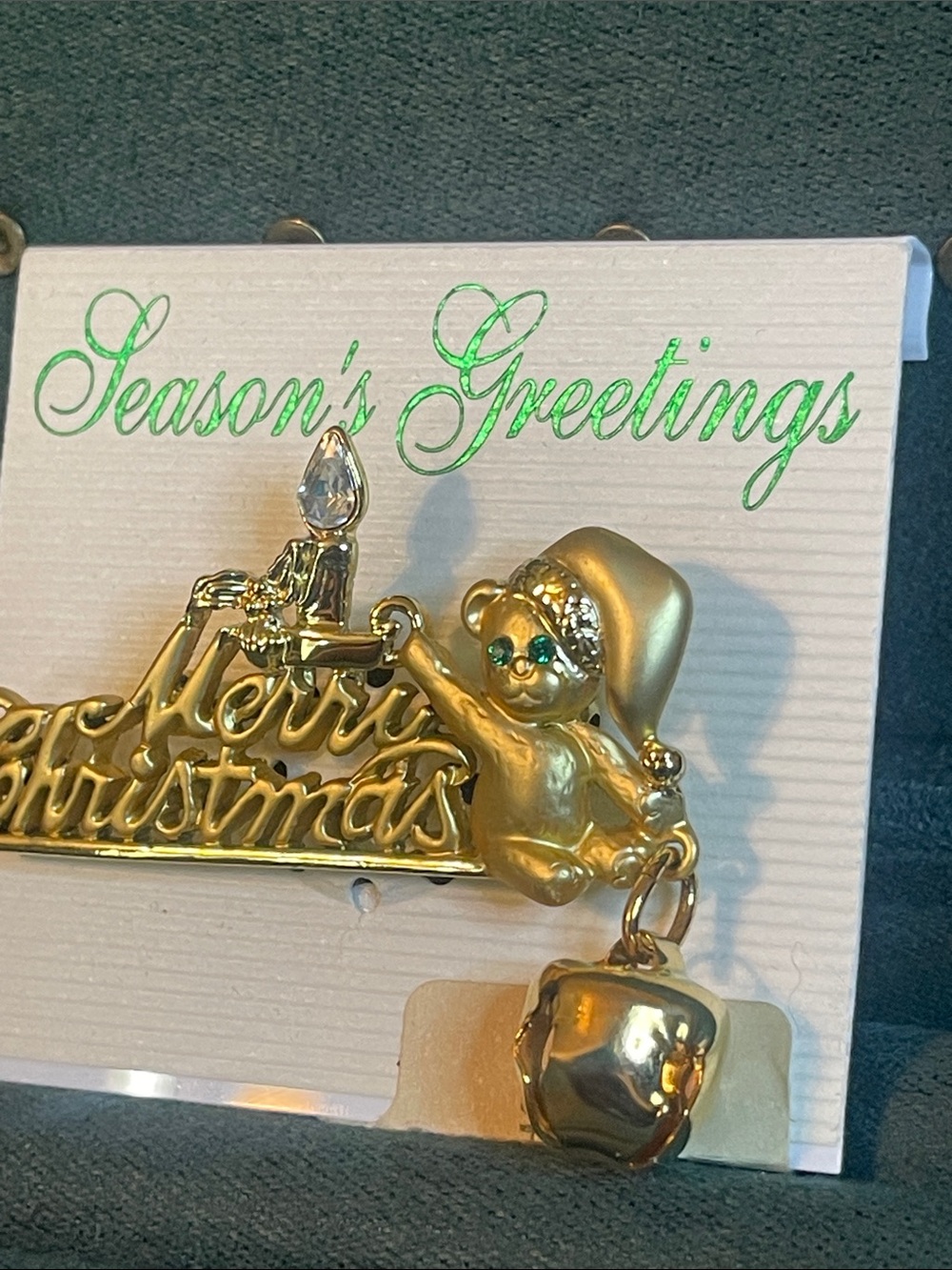 Vintage Danecraft “Merry Christmas” Gold-Tone Rhinestone Teddy Bear Bell Brooch - Picture 4 of 6